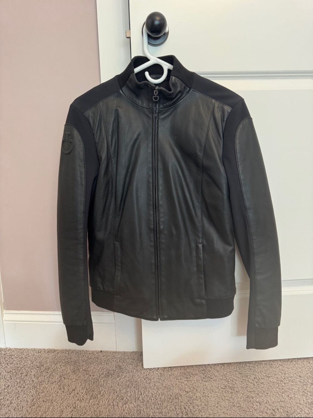 BLACK.  SIZE M. CAVALLERIA TOSCANA LEATHER JERSEY BOMBER